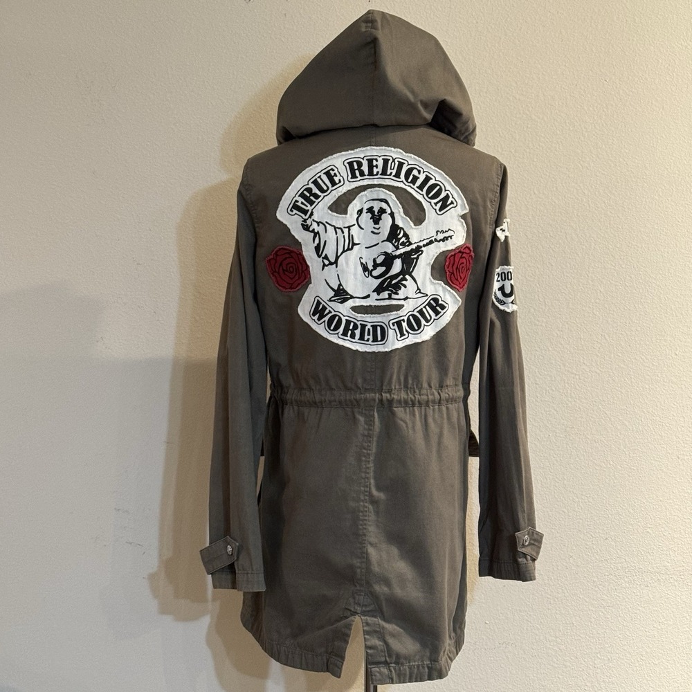 True Religion Womens S World Tour Buddha Hooded Military Parka Jacket Y2K